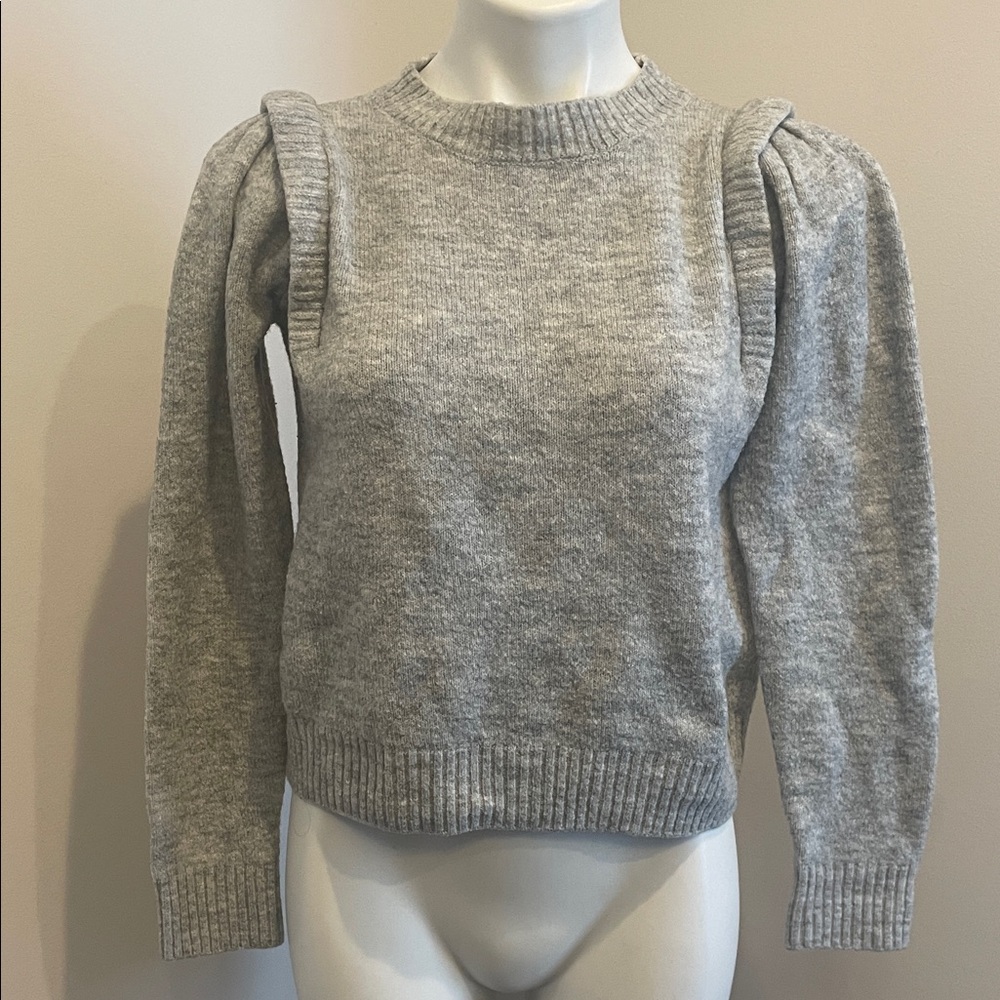 DKNY Light Gray Puff-Shoulder Crewneck Sweater